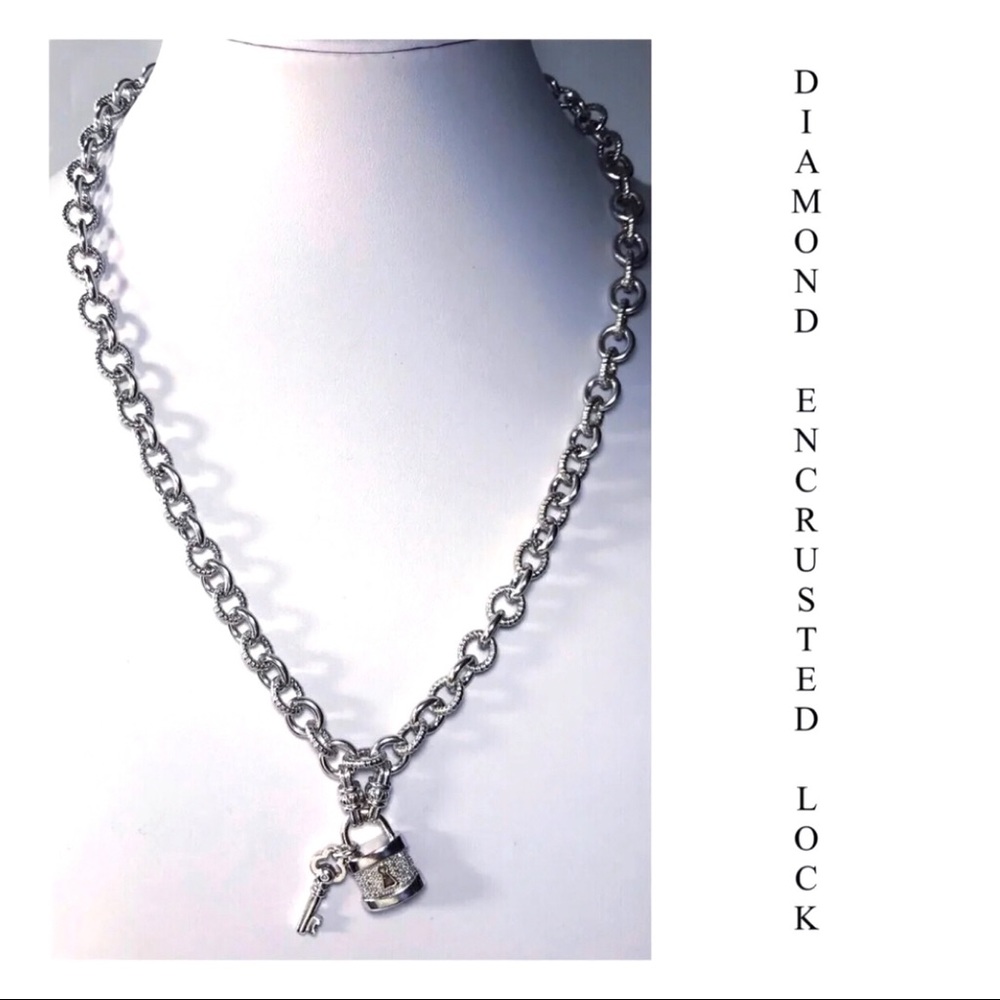 DIAMOND ENCRUSTED LOCK & KEY SOLID STERLING 925 HEAVY 18" QUALITY LINK NECKLACE